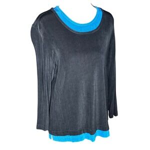 CHICOS TRAVELERS Black Blue Layered Look Long Sleeve Top Size 2